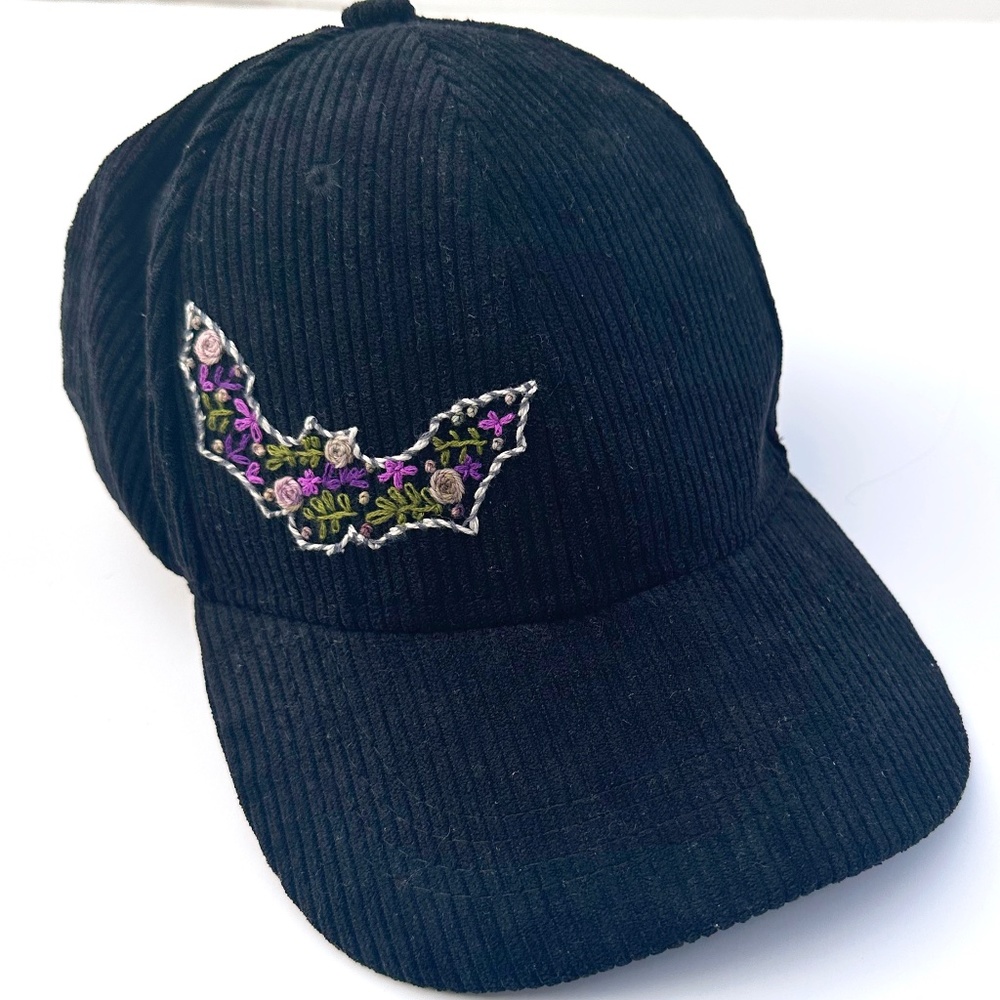 Corduroy Baseball Cap Hand Embroidered Halloween Hat Black Floral Bat